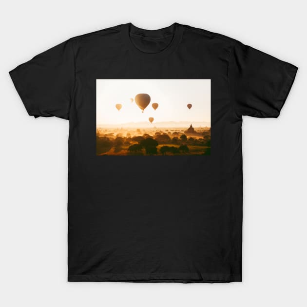 Hot-Air Balloons Flying Over Bagan Pagodas in Myanmar (Burma) T-Shirt by visualspectrum